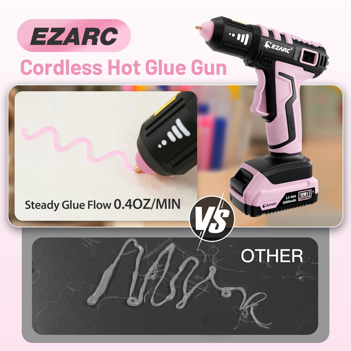 EZARC Cordless Hot Glue Gun, 15s Fast Heating 12V Mini Glue Gun for DIY Crafts, Home Repairs, School Projects, Decorations, with 50 Mini Glue Sticks, Pink
