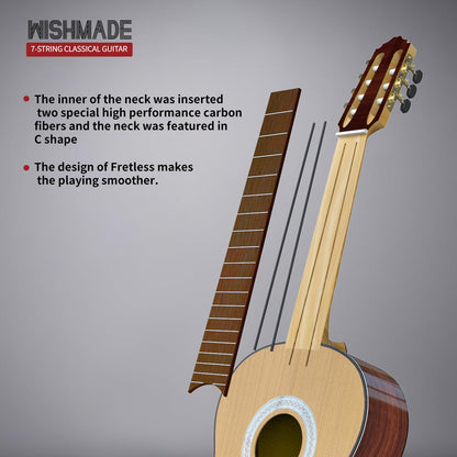 WishMade 7 String Acoustic Classical Guitar Full Size Nylon String Guitars for Adults with Gig Bag