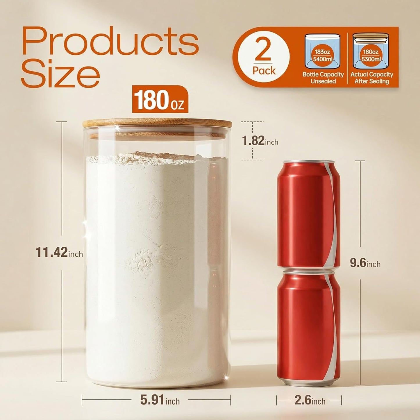 180oz x2 [Set 2], HomArtist Large Glass Flour and Sugar Containers of Glass Food Storage Containers with Bamboo Lids