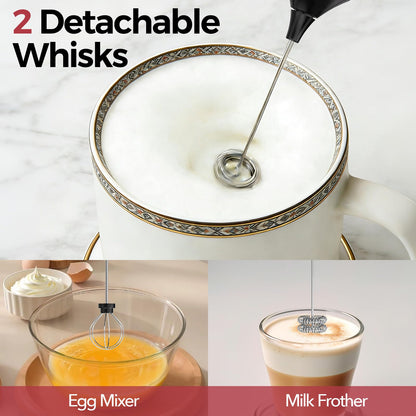 YARRAMATE Rechargeable Milk Frother Wand Handheld, 3 Speed Adjustable Electric Drink Mixer with 2 Whisks, Stainless Steel Stirrer for Coffee, Lattes, Protein Shakes, Matcha, Egg