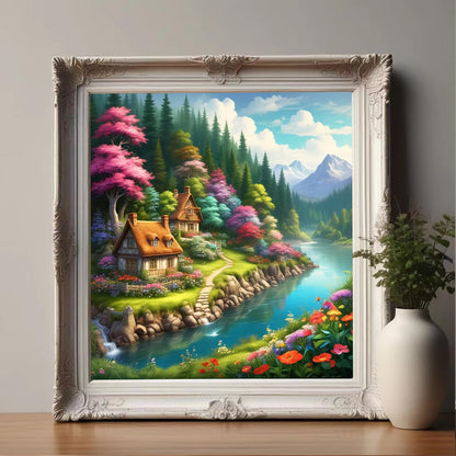 Fantasy Landscape Diamond Painting Kits For Adults, 5D DIY Beautiful Scenery Full Square Drill Diamonds Art Kits for Beginners, Mountain River Cottage Flowers Paint With Diamonds Gem Art Craft 40x40cm