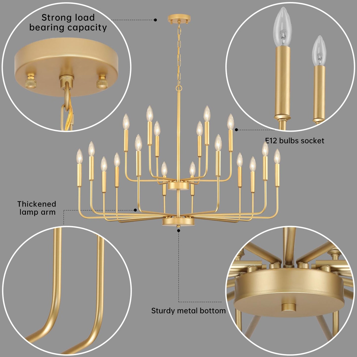 Gifarich Gold Chandeliers for Dining Room Light Fixture Over Table, Modern Farmhouse Chandeliers for Living Room,18-Lights Industrial Metal Candle Lighting Fixtures for Entryway Kitchen Island Foyer
