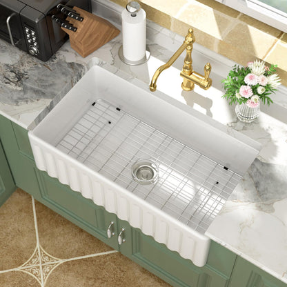 Logmey 33 In White Fireclay Farmhouse Sink with Pop-up Drain & Reversible Design 33x18x10 Durable Ceramic Apron Front Sinks,Easy to Clean,Scratch & Heat Resistant,Ideal for Traditional & Country Style