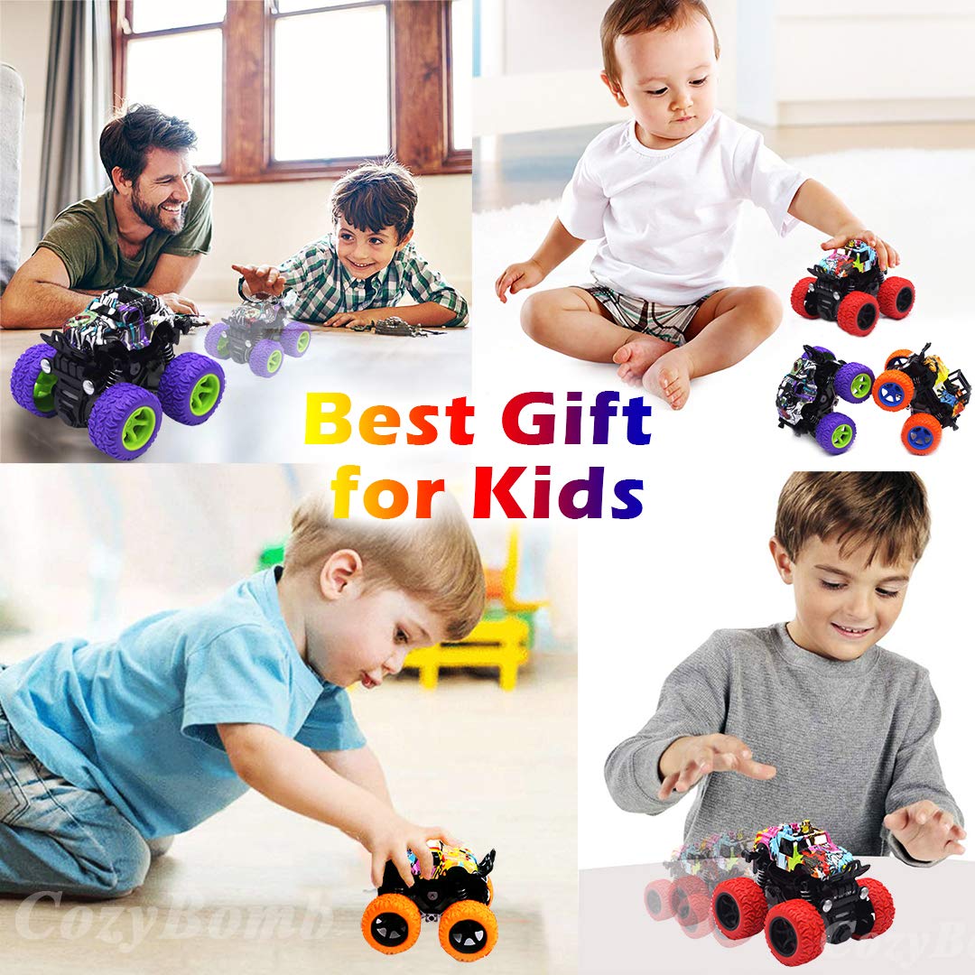 CozyBomB Friction Powered Monster Trucks Toys for Boys/Girls - Push and Go Car Truck Playset, Inertia Vehicle, Kids Birthday Christmas Party Supplies Gift 3 Years Old (Purple, Red, Orange, Green)