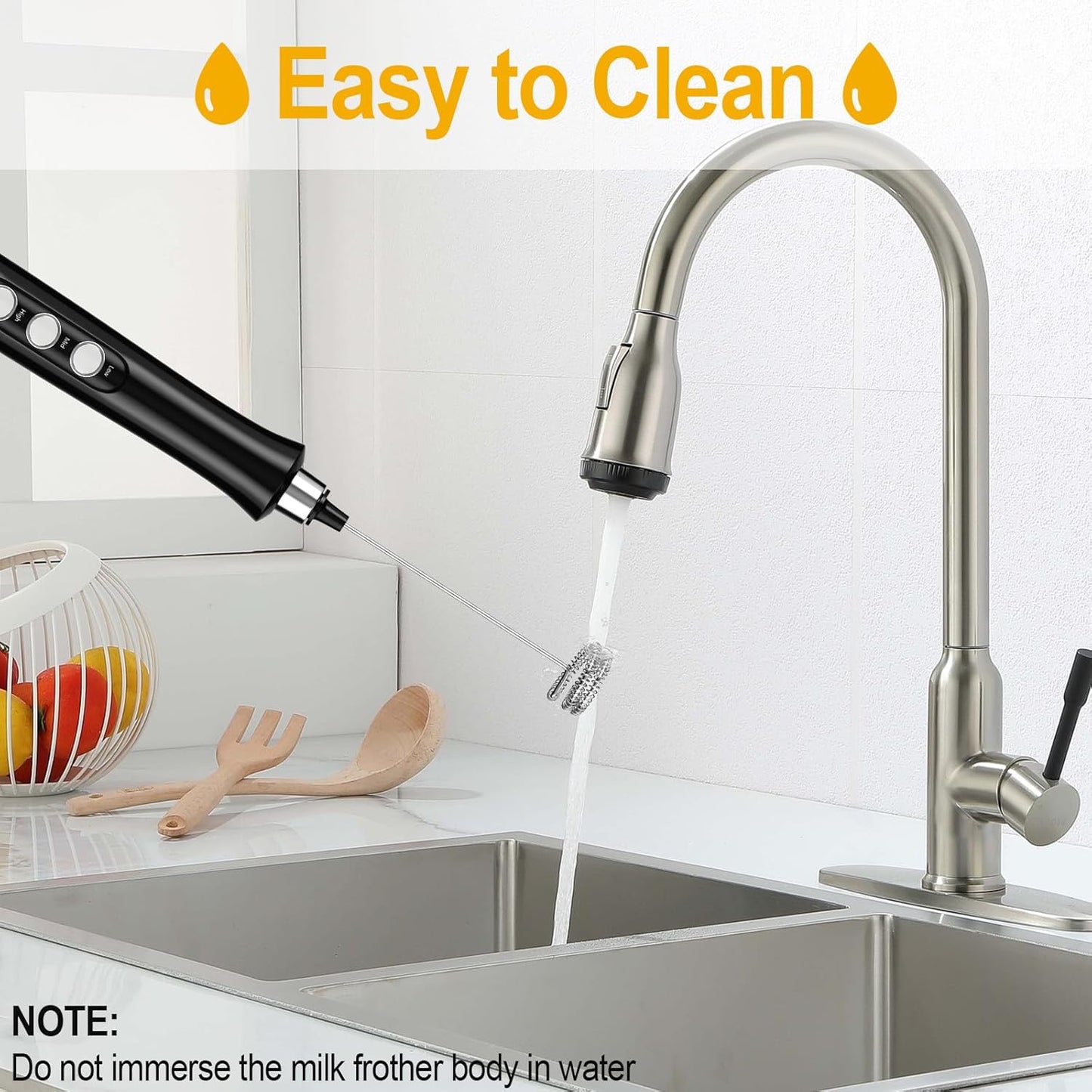 FITNATE Rechargeable Milk Frother with Stand, Handheld Drink Mixer with 3 Stainless Whisks for Coffee & Latte
