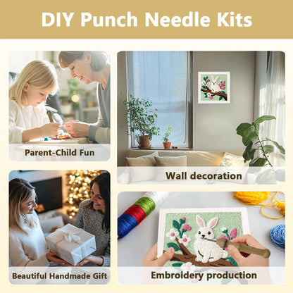 DOODLREAM Rabbit On Branch DIY Punch Needle Embroidery Kit for Adult Beginner, 9.4" Bunny Flower Punch Stitching Craft Set for Starter with Frame,Fabric Pattern,Threader, Yarn, Pinch Needle