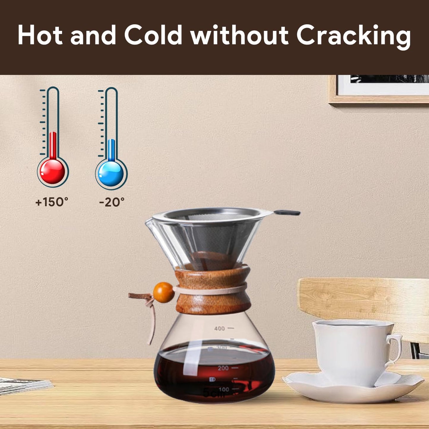 Tissting Wood Neck Pour Over Coffee Maker, 400ml Sleeve Brewer with Permanent Stainless Steel Filter