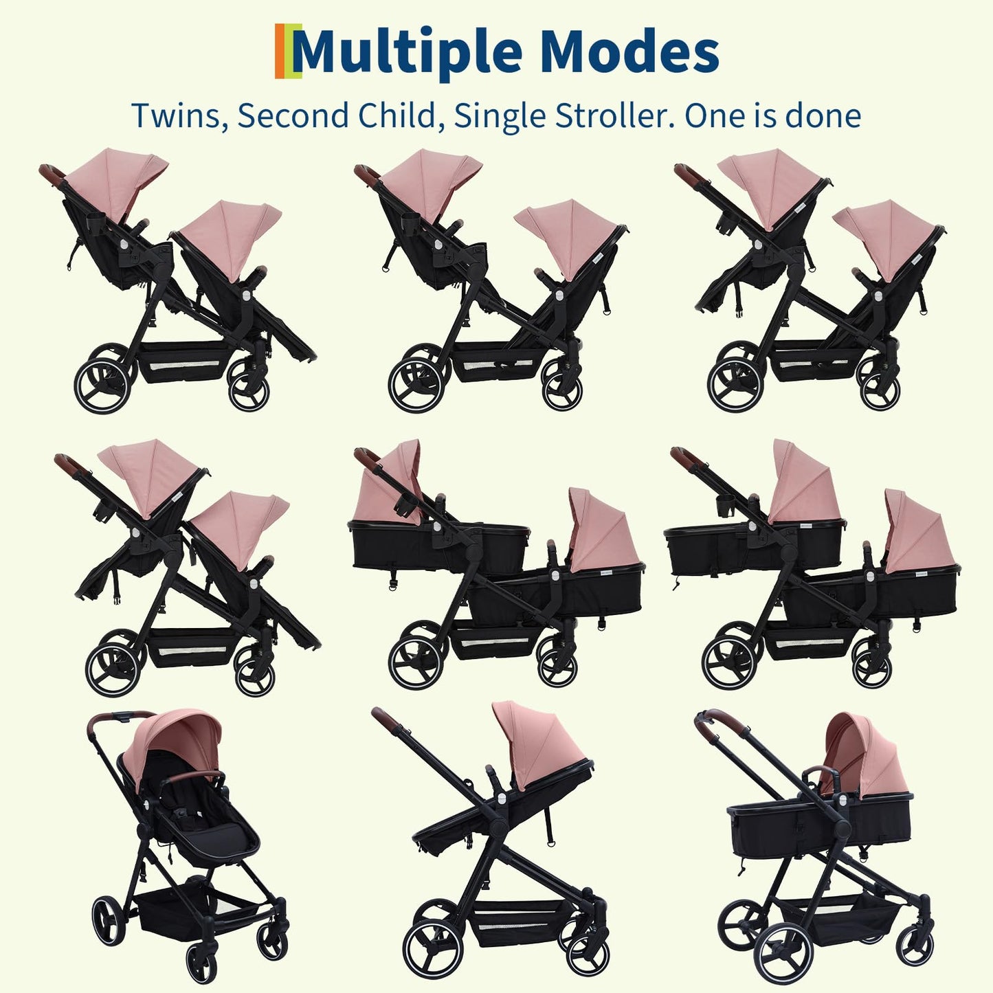 Tandem Double Stroller for Twins, Foldable Baby Stroller for Newborns 0-6 Months, Reversible Adjustable Seats, Shock-Absorbing Swivel Wheels & One-Step Brake, Storage Basket & Sun Canopy, Pink