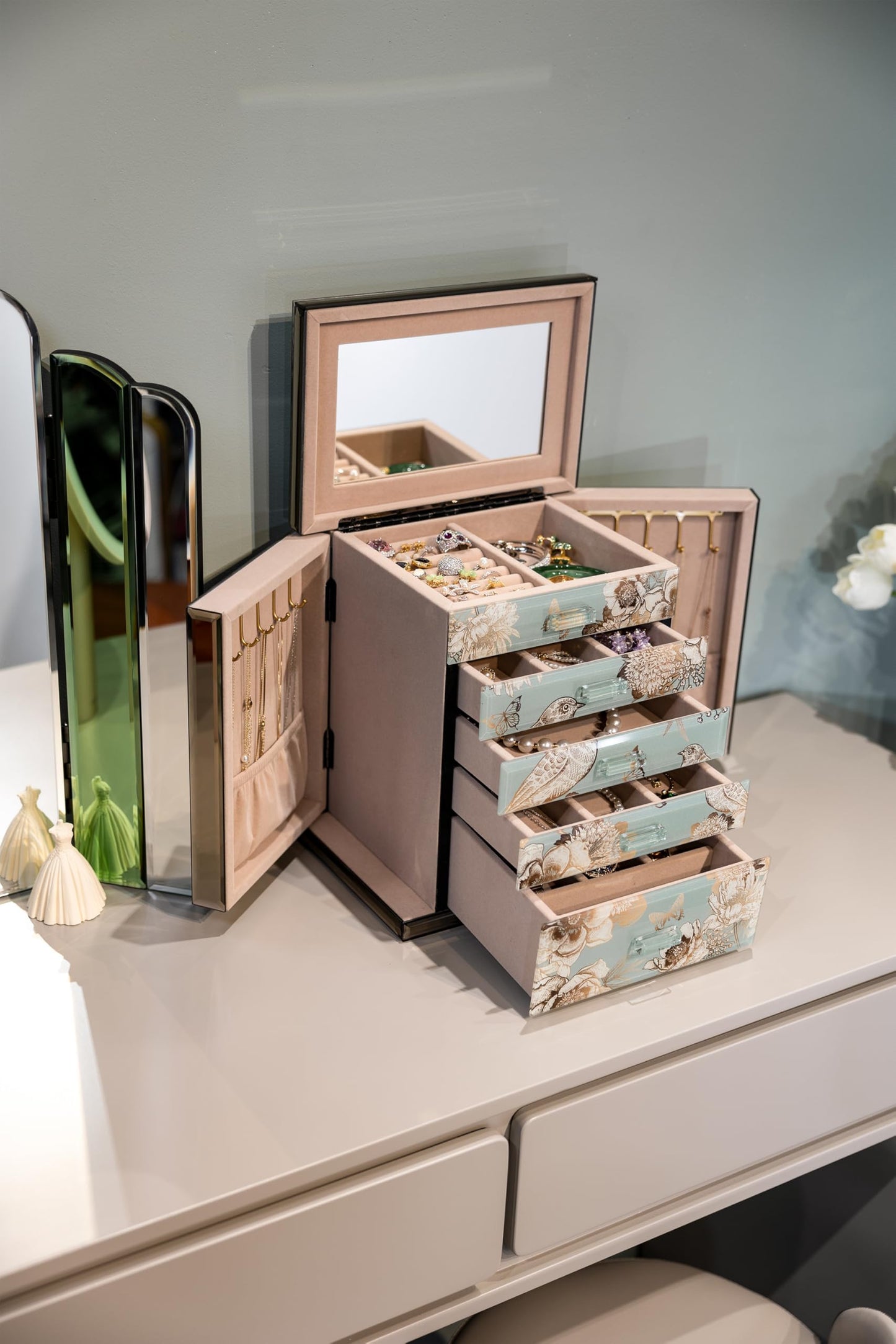 Homruilink High End Glass Jewelry Box, 5 Layer Jewelry Organizer for Women, Side Doors & Mirror, Velvet-Lined Storage for Rings & Necklaces, Ideal Gift (Bird & Floral)