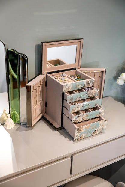 Homruilink High End Glass Jewelry Box, 5 Layer Jewelry Organizer for Women, Side Doors & Mirror, Velvet-Lined Storage for Rings & Necklaces, Ideal Gift (Bird & Floral)