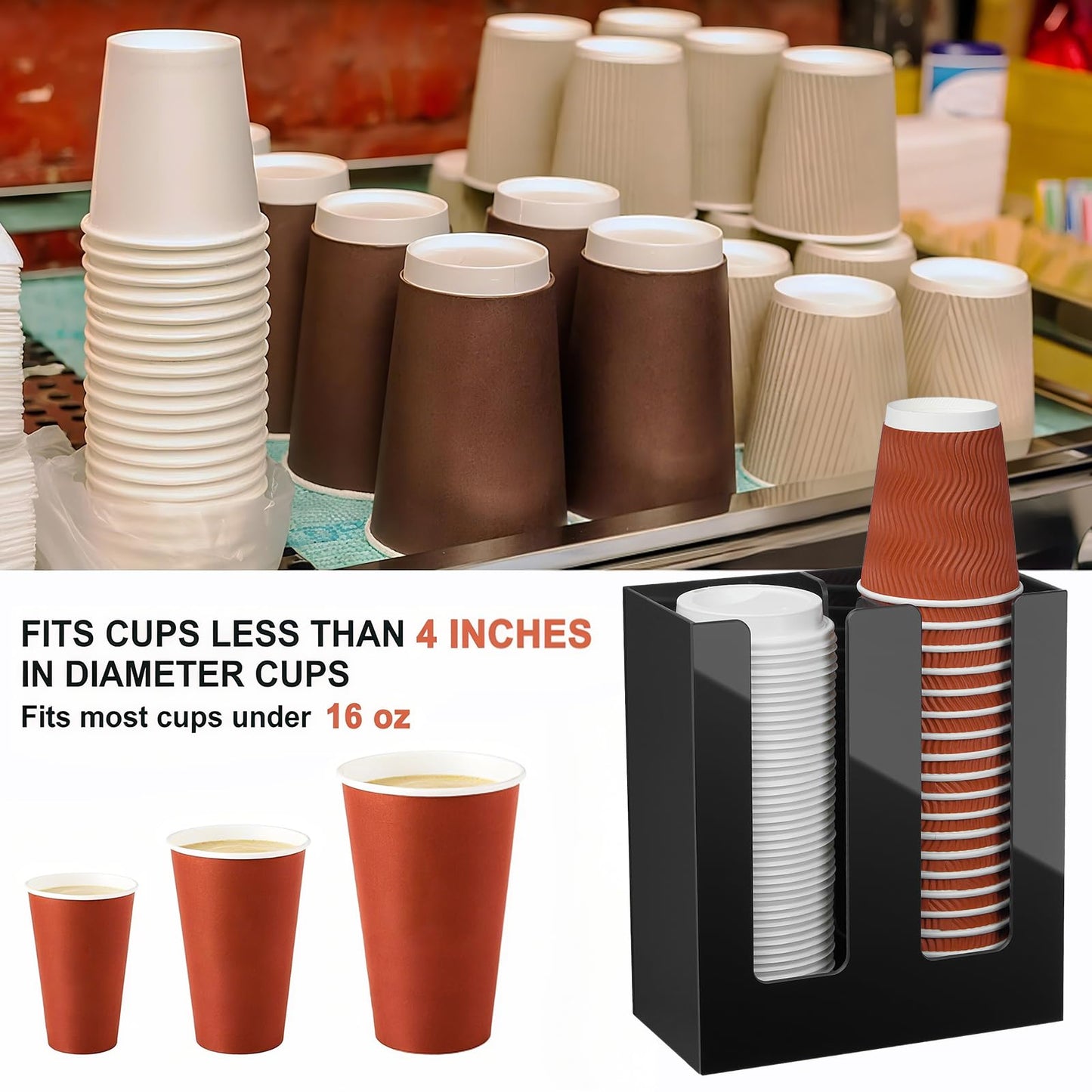 MYITYARD Coffee Cup Holder, Cup and Lid Organizer fits 5 to 16 oz Disposable Paper & Plastic Cups, Cup Dispenser Countertop, Acrylic Cup Storage for Home, Kitchen, Office (2 Compartment)