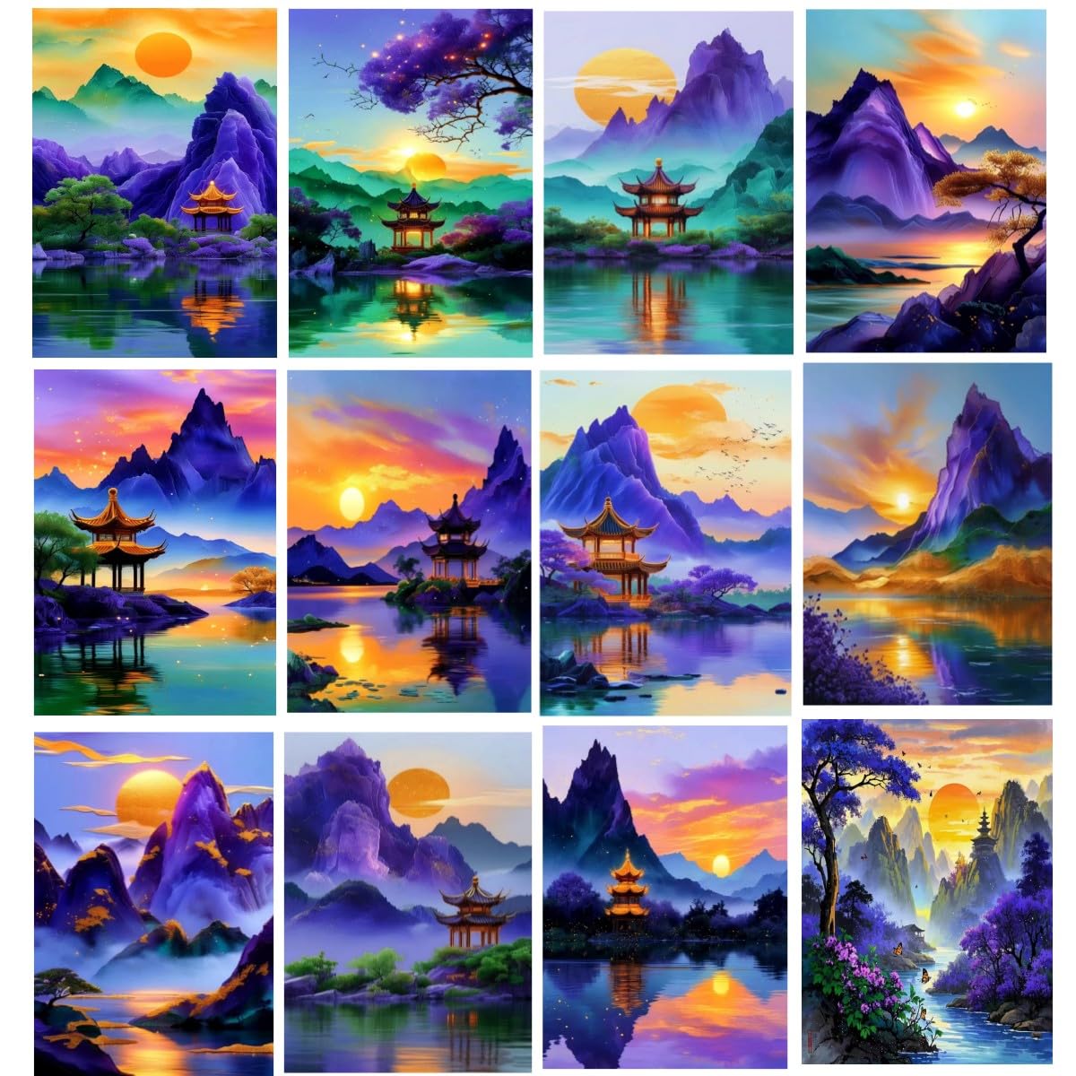 ZSWLLHP 12-Pack Asian Landscape Diamond Painting Kits, Full Round Drill 5D Purple Mountain Pagoda Scenery Diamond Art Sets for Adults, DIY Handmade Gem Paintings for Home Office Wall Art Decor