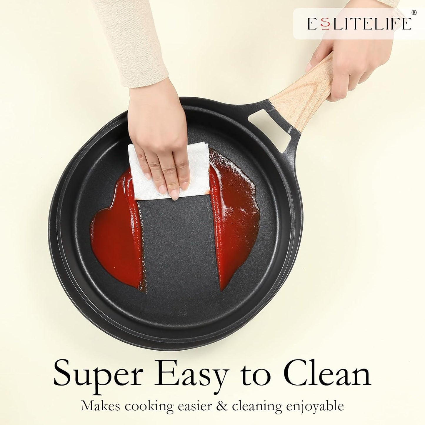 ESLITE LIFE Nonstick Deep Frying Pan Skillet with Lid, 9.5 Inch Healthy Granite Coating (Black)