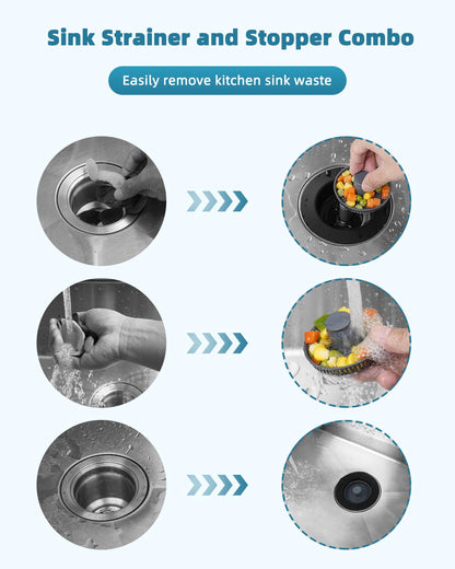 Universal 3 in 1 Kitchen Sink Drain Strainer Stopper Combo, Black Stainless Steel Shell Pop Up Sink Stopper for US Standard 3-1/2 inch Drain Filter, Anti-Clog and Easy Clean, Matte Black