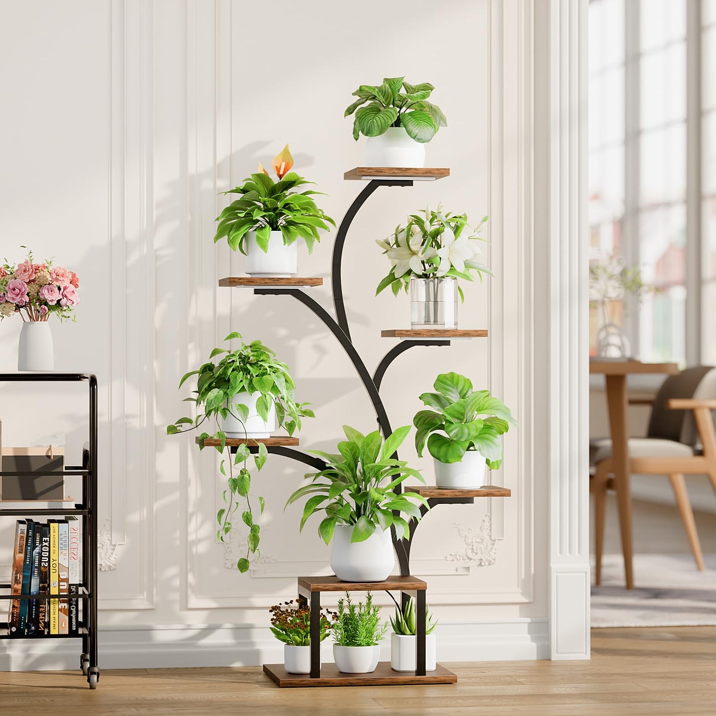 BACEKOLL Plant Stand Indoor with Grow Lights, 7 Tiered Indoor Plant Shelf, 49" Corner Plant Stands for Indoor Plants, Metal Plant Flower Display Shelf, Tree-Shaped Plant Rack for Home, Patio, Brown