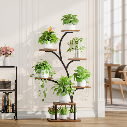 BACEKOLL Plant Stand Indoor with Grow Lights, 7 Tiered Indoor Plant Shelf, 49" Corner Plant Stands for Indoor Plants, Metal Plant Flower Display Shelf, Tree-Shaped Plant Rack for Home, Patio, Brown