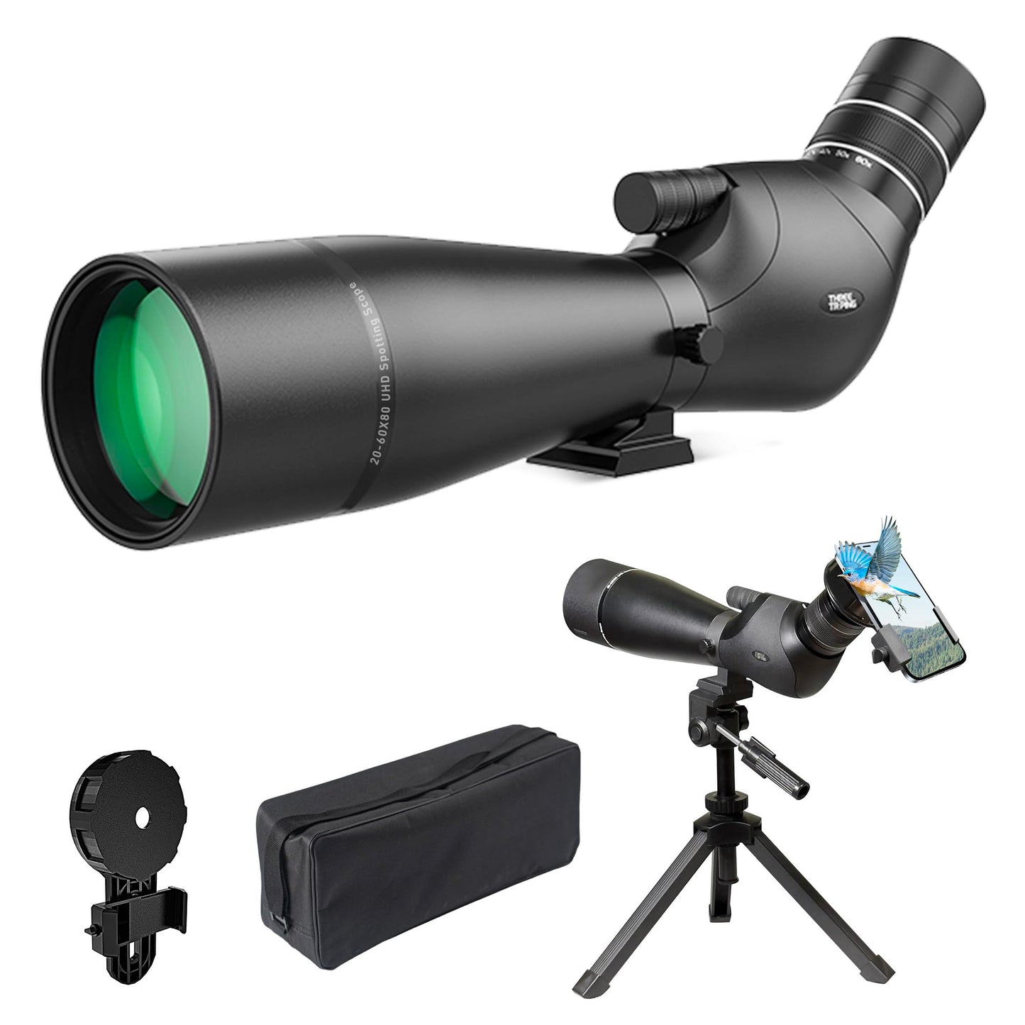 Three Triping Dual Focusing ED Spotting Scope, 20-60x80 Spotting Scopes with Phone Adapter, Tripod & Carrying Case, BAK4 Ultra High Definition, IPX7 Waterproof Fogproof for Bird Watching
