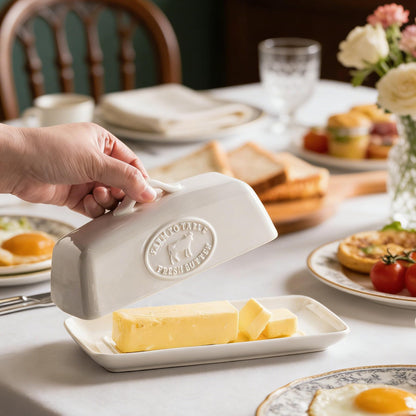 YHOJOY Cow Butter Dish, Ceramic Butter Dish with Lid for Countertop, White Butter Tray with Handle, Farmhouse Covered Butter Holder Container for East West Coast Butter Storage