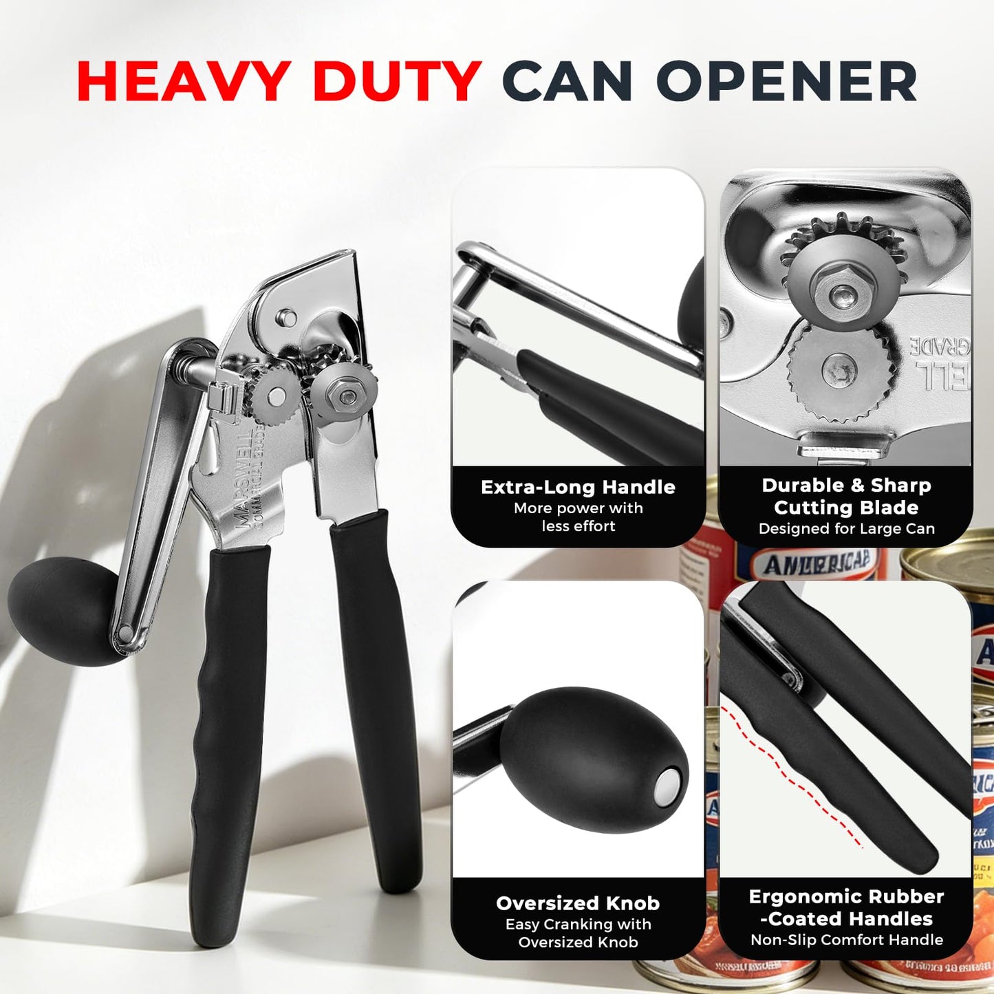 MARSWELL Heavy Duty Can Opener for Large Cans, Extra-Long Handles & Oversized Knob for Easy Cranking, Commercial Manual Hand Crank Opener Opens Big #10 Cans Smoothly, Strong All-Steel Construction