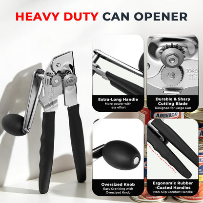 MARSWELL Heavy Duty Can Opener for Large Cans, Extra-Long Handles & Oversized Knob for Easy Cranking, Commercial Manual Hand Crank Opener Opens Big #10 Cans Smoothly, Strong All-Steel Construction