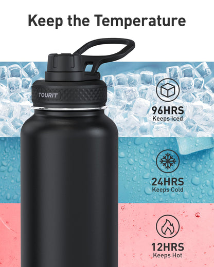 TOURIT 40 oz Insulated Water Bottle, Stainless Steel Water Bottles With Handle, Double-Wall Vacuum Sports Water Bottle, BPA Free Leakproof Water Bottle, Black