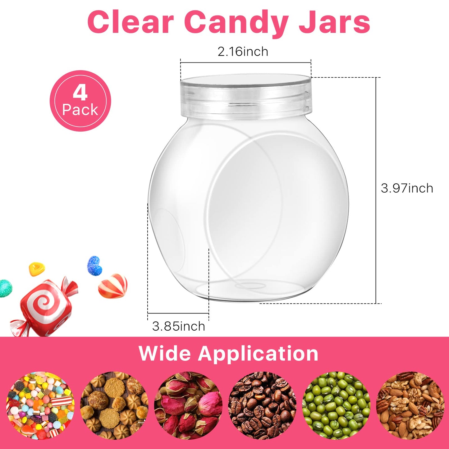 Elesunory 4-Pack 14.5 oz Clear Plastic Candy Jars with Lids, Airtight Candy containers for Individual Portions, Snacks, Treats & Crafts, Stackable, Shatterproof Kitchen Plastic Cookie Containers