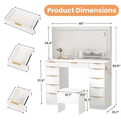 Pamapic 11 Drawers Vanity Desk with Golden Handles, Upgraded Silent Slides Vanity Mirror with Lights, 3 Lighting Modes Glass Top Makeup Vanity with Chair and Portable Mirror, Charging Station