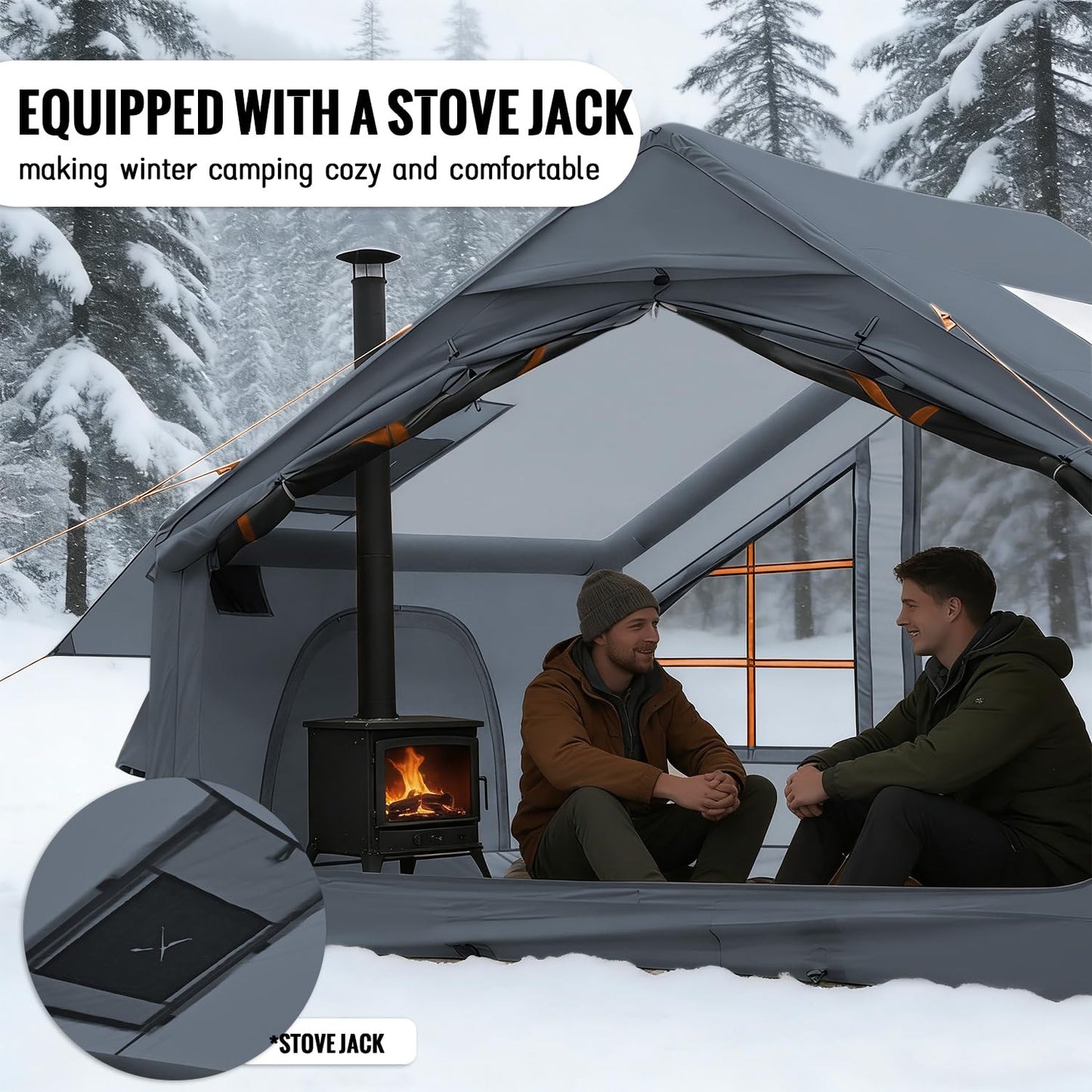 AORZCOR Inflatable Camping Tent with Stove Jack, 2-4 Person, Glamping Tents House, Easy Setup Tent for 4 Seasons, Waterproof Inflatable Hot Tent (Grey)