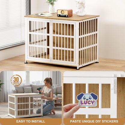 42" Furniture Style Large Dog Crate with Wheels, Metal Chew-Resistant Dog Kennel Indoor for Large & Medium Dogs, 41.9" W x 28.3" D x 31.7" H, Decorate House as TV Stand, End Table — Natural and White
