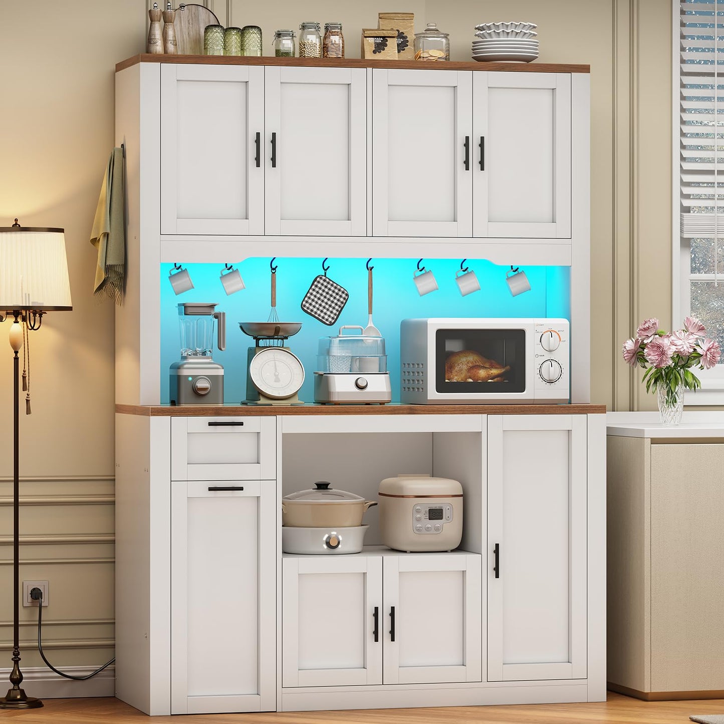 Itaar 71" Pantry Cabinet with Charging Station and LED Light, Kitchen Pantry Cabinet with Microwave Stand, 47.2" Wide Kitchen Storage Cabinets with Storage Cart 3 Tier for Dining Room, White