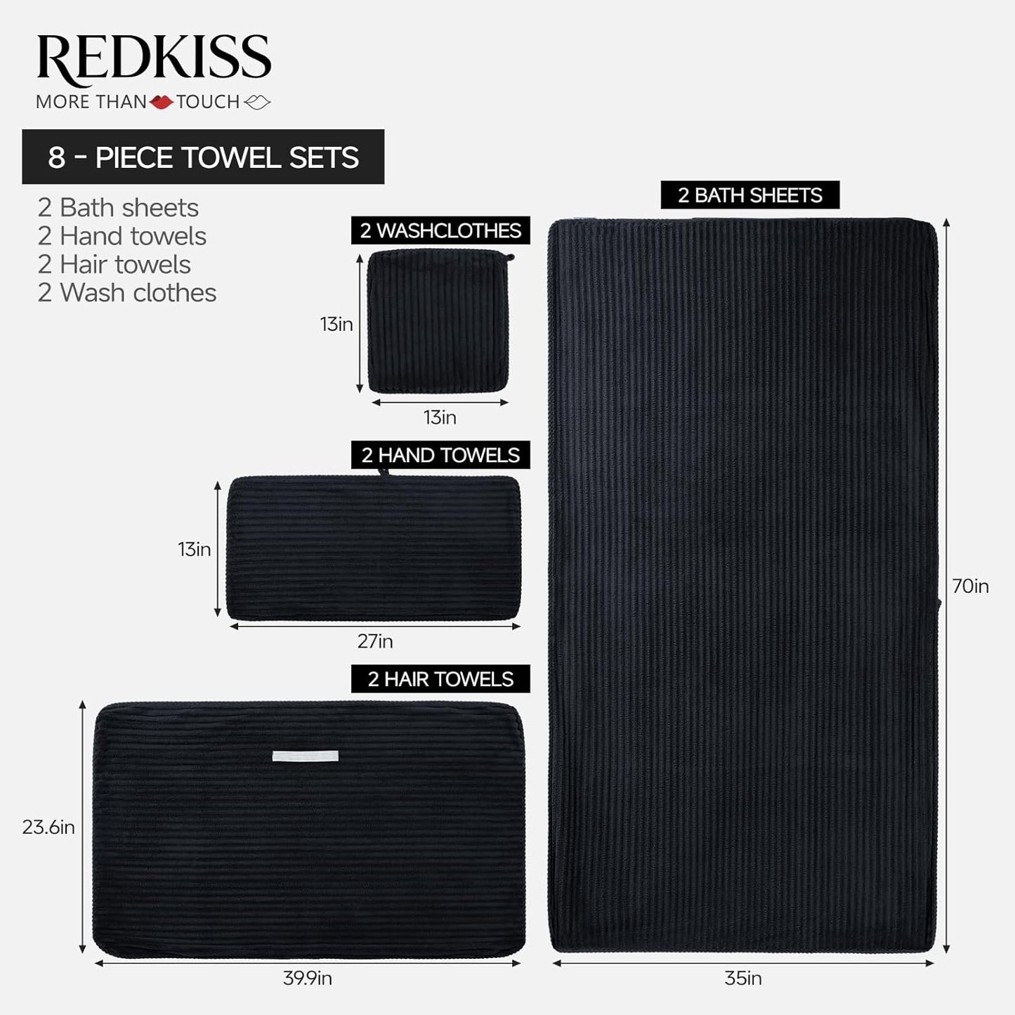 Set 8 8 2 2 2 2 REDKISS Black Bath Towels Piece - Microfiber Bathroom Towels of Large, Highly Absorbent Bath Towel