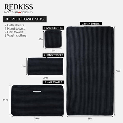 Set 8 8 2 2 2 2 REDKISS Black Bath Towels Piece - Microfiber Bathroom Towels of Large, Highly Absorbent Bath Towel
