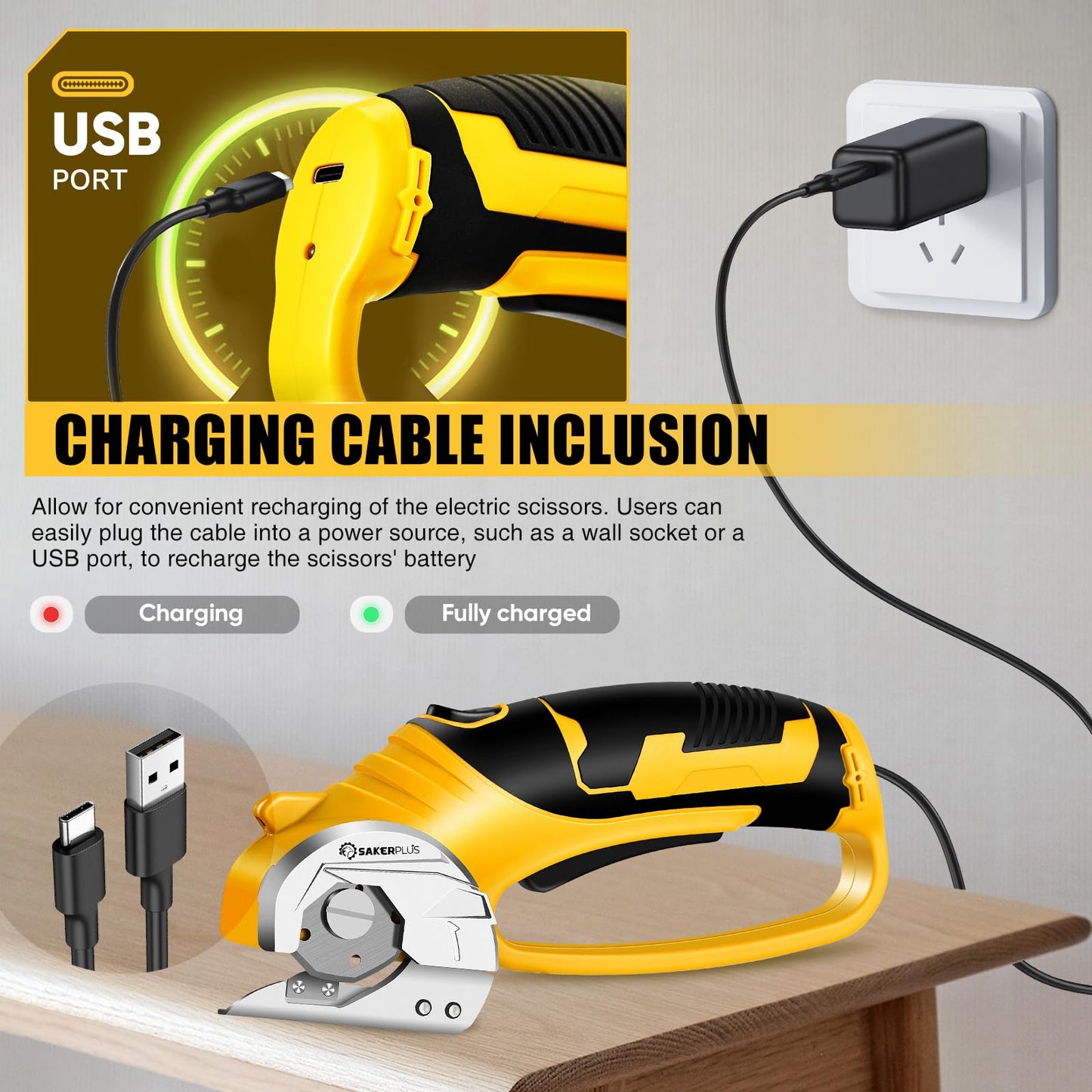 SakerPlus Cordless Electric Scissors, 4V Cardboard Cutter, Box Cutter Fabric Scissor with Safety Lock & LED Light, Rechargeable Power Rotary Cutters for Box Carpet Fabric Plastic Leather