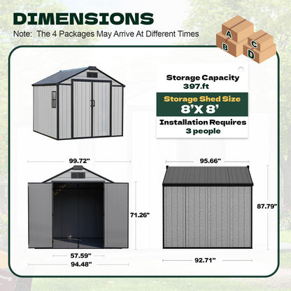 DNYKER 8 x 8 FT Resin Outdoor Storage Shed, All-Weather Plastic Garden Shed with Floor, Lockable Doors & Windows, Plastic Tool Shed for Backyard, Patio, Poolside