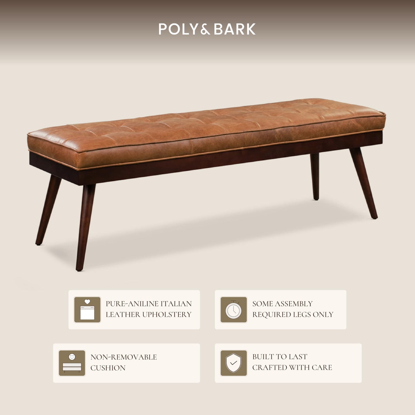 Poly & BARK 55" Tufted Leather Bed Bench for Bedroom End of Bed - Living Room Entry Way Bench - Pure Italian Leather Upholstery with a Solid Wood Frame - Ottoman Bench with Wooden Legs - Cognac Tan