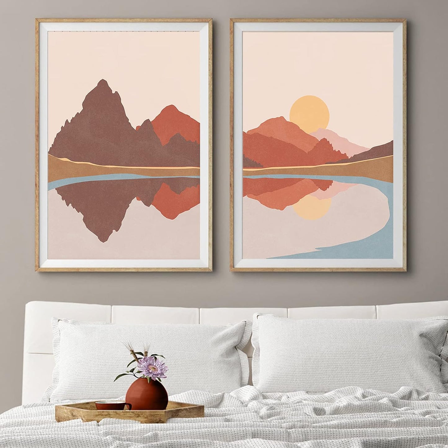 Bankrenart Nature Landscape Wall Art Prints, Mid Century Boho Mountain Sun Lake Wall Art, Modern Canvas Prints