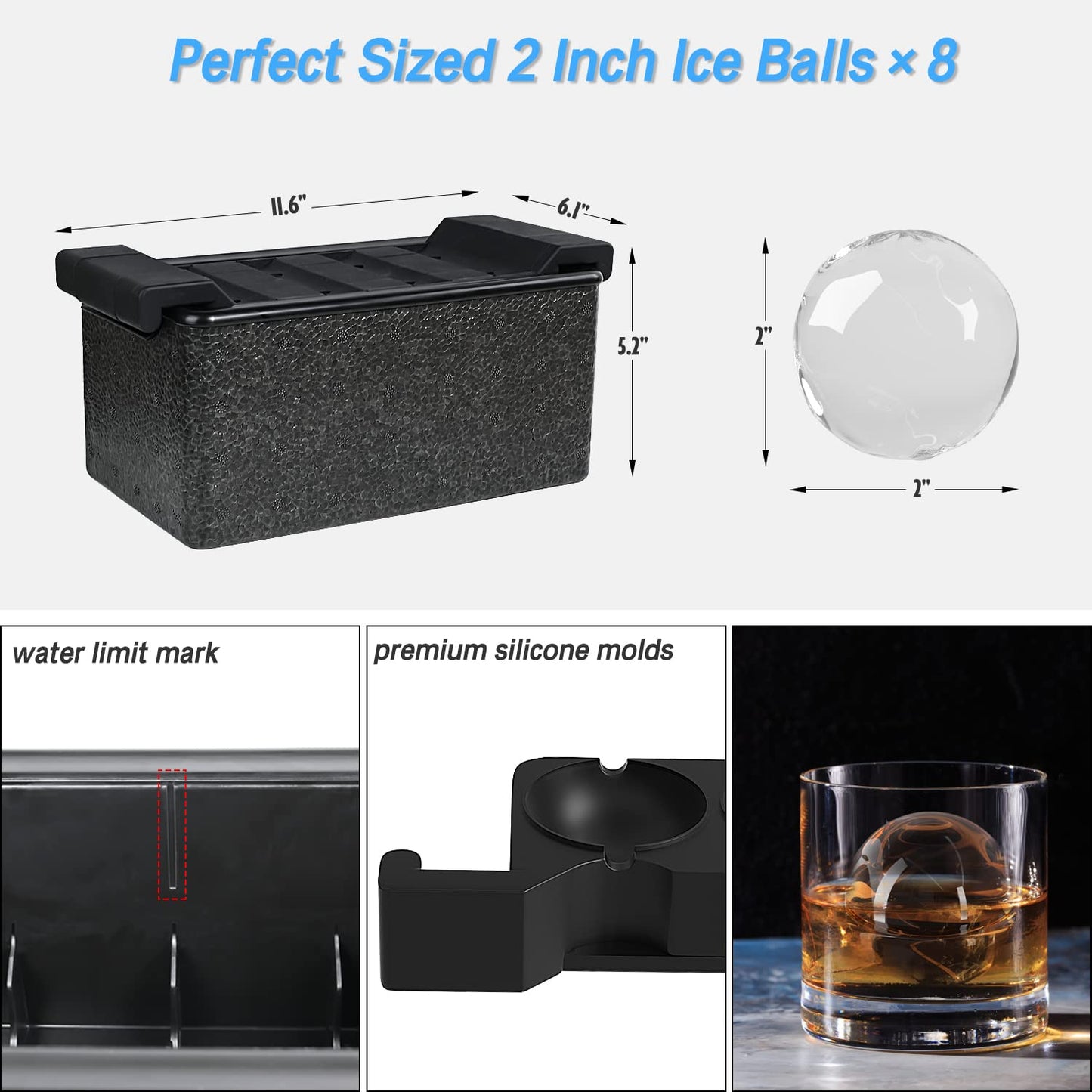 TINANA Clear Ice Ball Maker, Crystal Clear Ice Sphere Maker prepare 8 Large Round Ice Balls, 2 Inch Ice Cubes for Cocktail, Whiskey & Bourbon Drinks, Gifts for Men