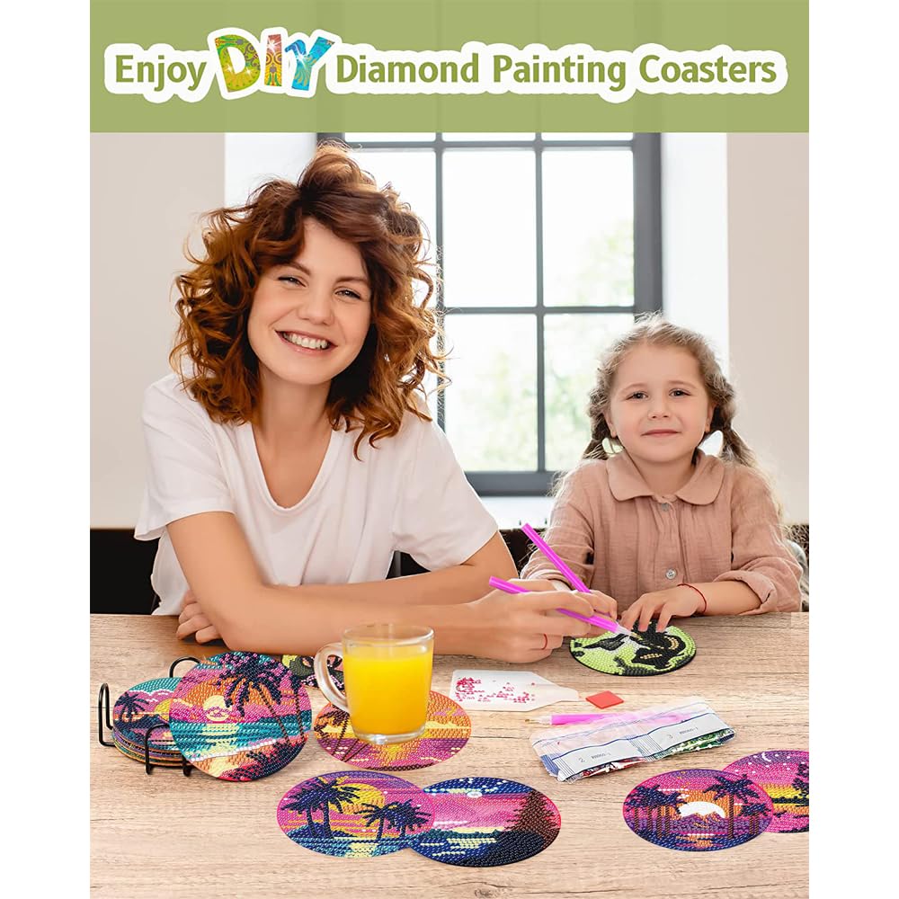 Clendo 8Pcs Diamond Painting Coasters Kits, DIY Landscape Diamond Art Coaster Kits with Holder, Small Diamond Painting Kits for Adults & Kids Art Craft Supplies