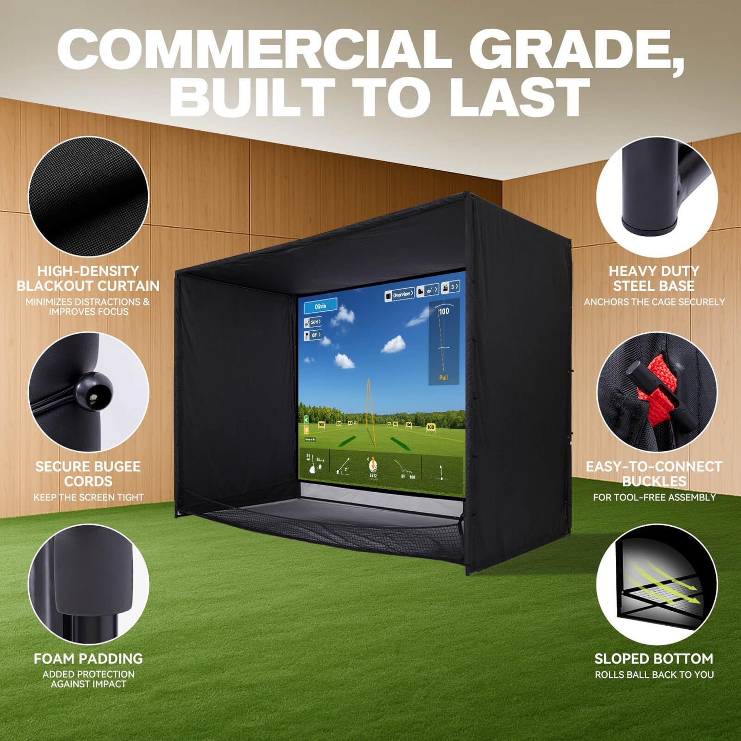 ZEALFEEL Golf Simulator Enclosure, 11x8FT Golf Net with HD Impact Screen & Side Barriers – Dual-Layer Impact Screen, Foam-Padded Frame, Indoor Cage Net for Home Garage Studio