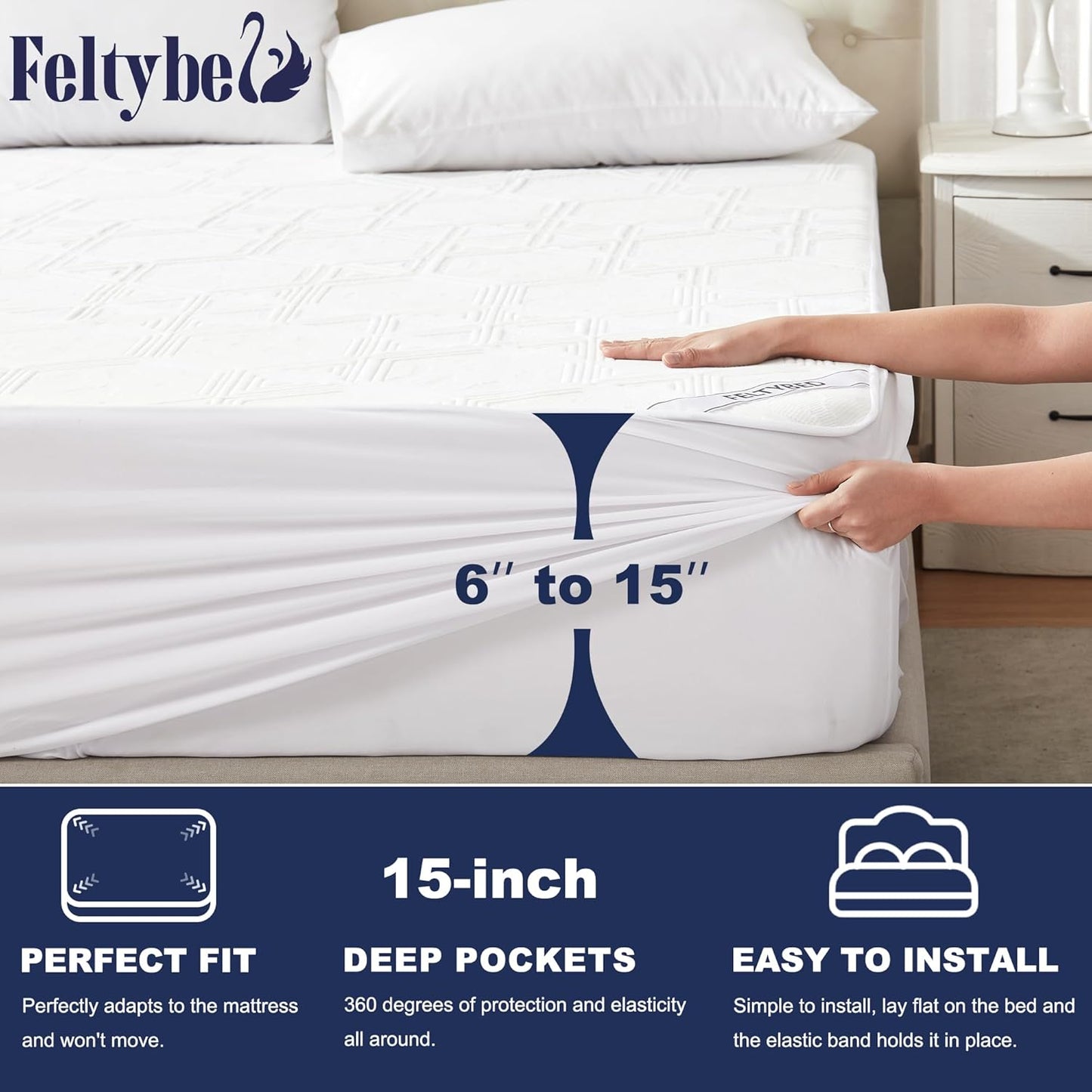 Queen Size Mattress Protector, 3D Air Fabric Skin Friendly Waterproof Noiseless Cover for 6-15 inches Mattress