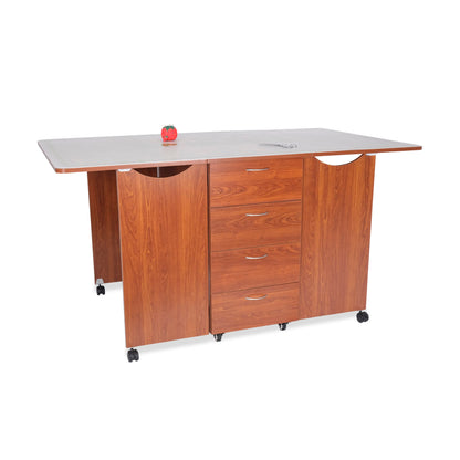 Kangaroo Kookaburra Cutting Table – Large Sewing, Quilting & Craft Workstation with Expandable 70” x 40” Surface, Storage Drawers, Shelves & Rolling Locking Casters, Teak Finish