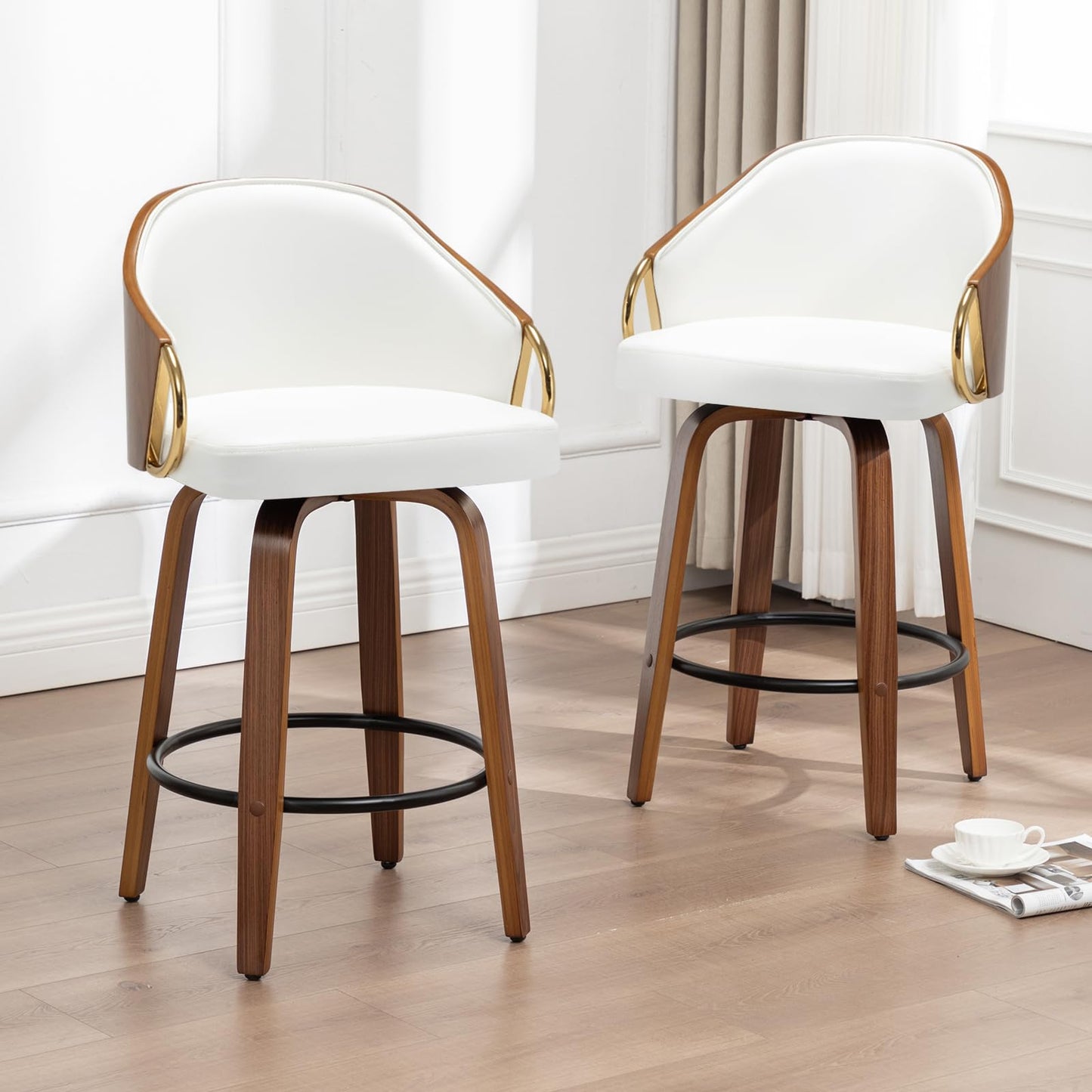YOUUGIOR 30" Swivel Bar Height Bar Stools Set of 2,White Leather Tall Barstools Mid Century Modern Bar Chairs with Wood Legs and Golden Arms for Kitchen Dining Pub Cafe