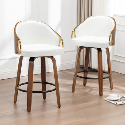 YOUUGIOR 30" Swivel Bar Height Bar Stools Set of 2,White Leather Tall Barstools Mid Century Modern Bar Chairs with Wood Legs and Golden Arms for Kitchen Dining Pub Cafe