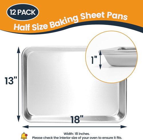 Half Size Baking Sheet Pan - Durable Aluminum Cookie Sheet | 12 Pack, Anti-Stick 18”x 13”