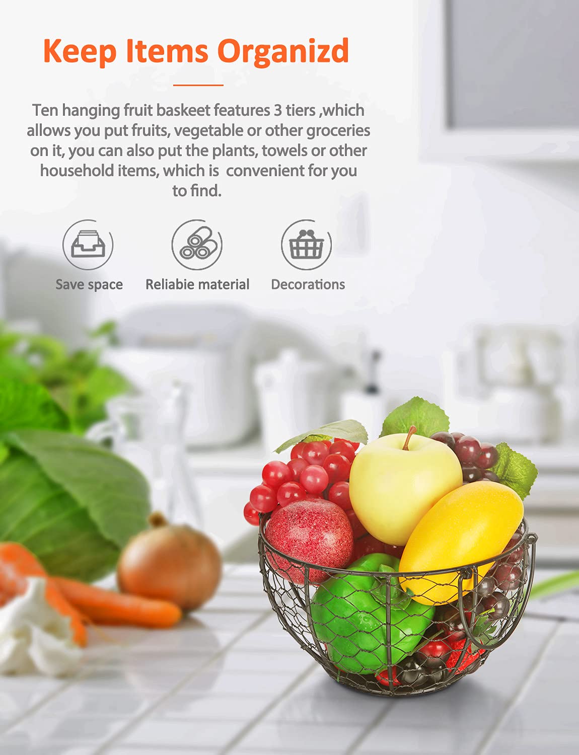 WILLIZTER Round Wire Basket Black Fruit Basket Bowl Fruit Holder for Kitchen with Handle Black Home Storage for Vegetables, Snacks, Household Items Decor