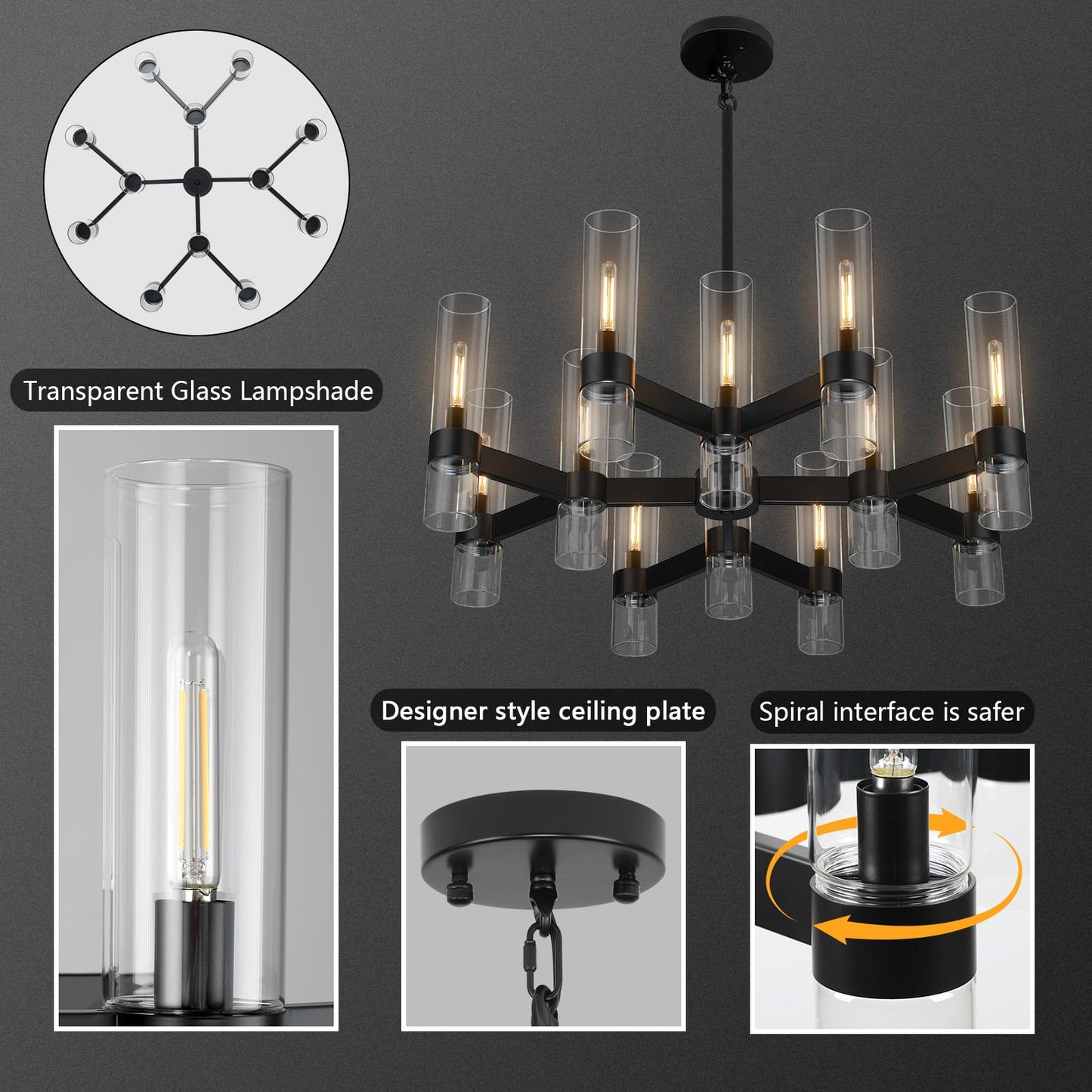 12 Light Black Chandeliers for Dining Room Light Fixtures Over Table, Modern Farmhouse Chandelier with Clear Glass Cover for Living Dining Room Kitchen Island Bedroom Foyer 34"