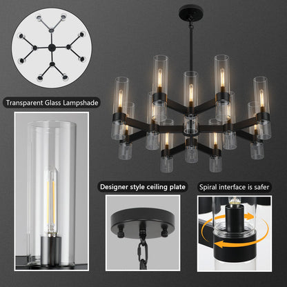 12 Light Black Chandeliers for Dining Room Light Fixtures Over Table, Modern Farmhouse Chandelier with Clear Glass Cover for Living Dining Room Kitchen Island Bedroom Foyer 34"