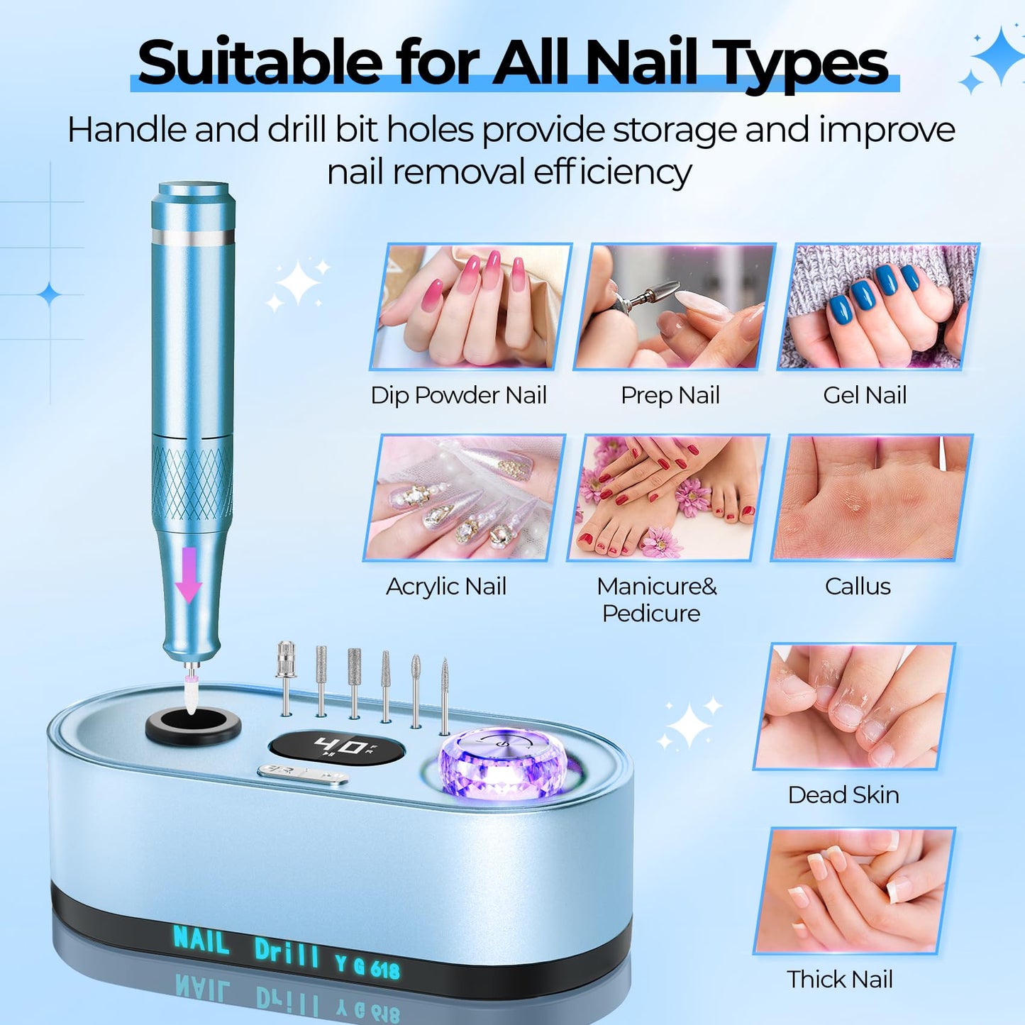 40000RPM Electric Nail File Drill Professional Kit, Drill Machine with LCD Display, Manicure Pedicure Polishing Acrylic Gel Nail Grinder for Salon, Home Use