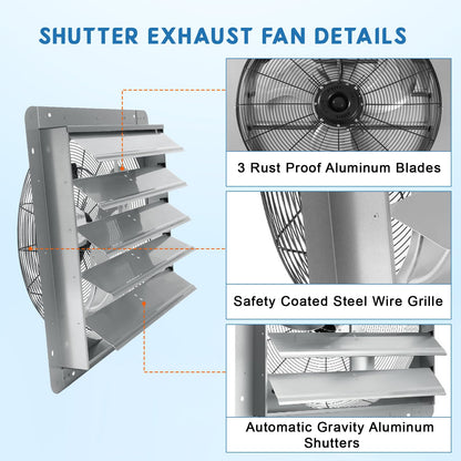24in Shutter Exhaust Fan, 3500CFM Wall Mount Waterproof Aluminum Alloy Window Exhaust Fan with 3ft Power Cord, Ventilation Fan for Basement Gable Chicken Coop
