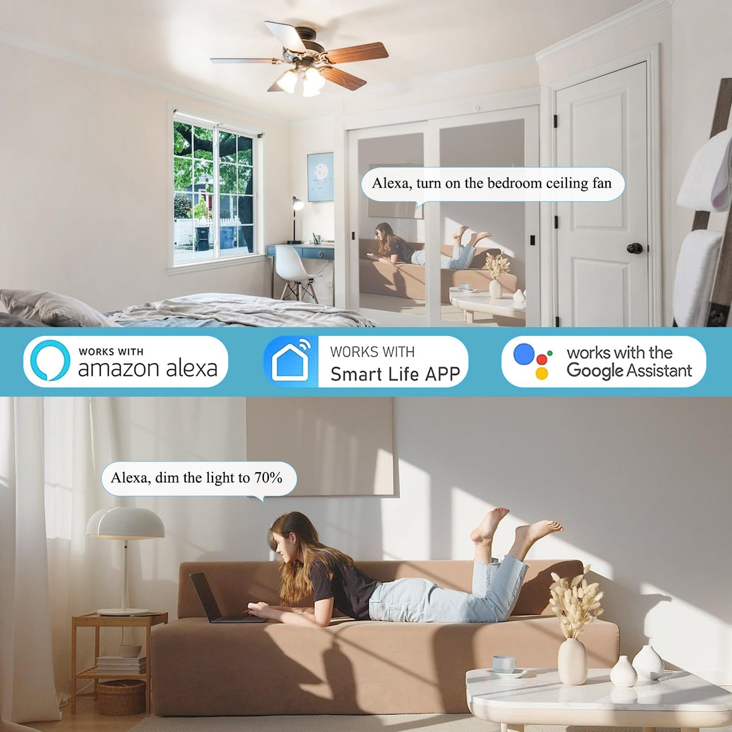 Smart WiFi Ceiling Fan Remote Control Kit, Universal 3 Speed Ceiling Fan Control with Dimmer, Compatible with Alexa, Google Assistant and Smart Life App, Remote Control Timing